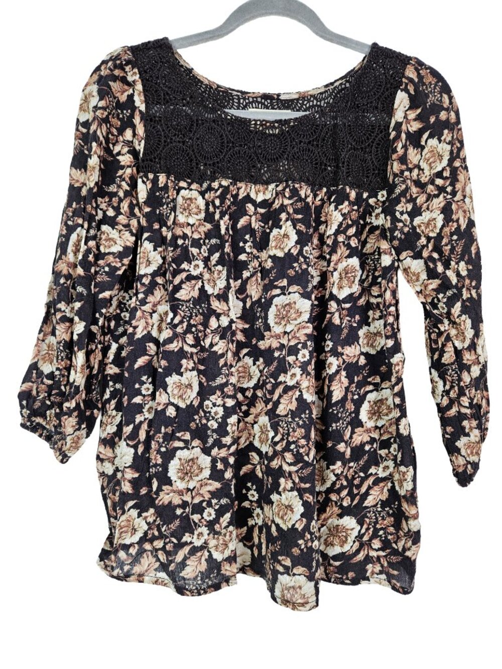 Denim & Supply Ralph Lauren Chocolate Brown Crochet Floral Peasant Blouse Top S